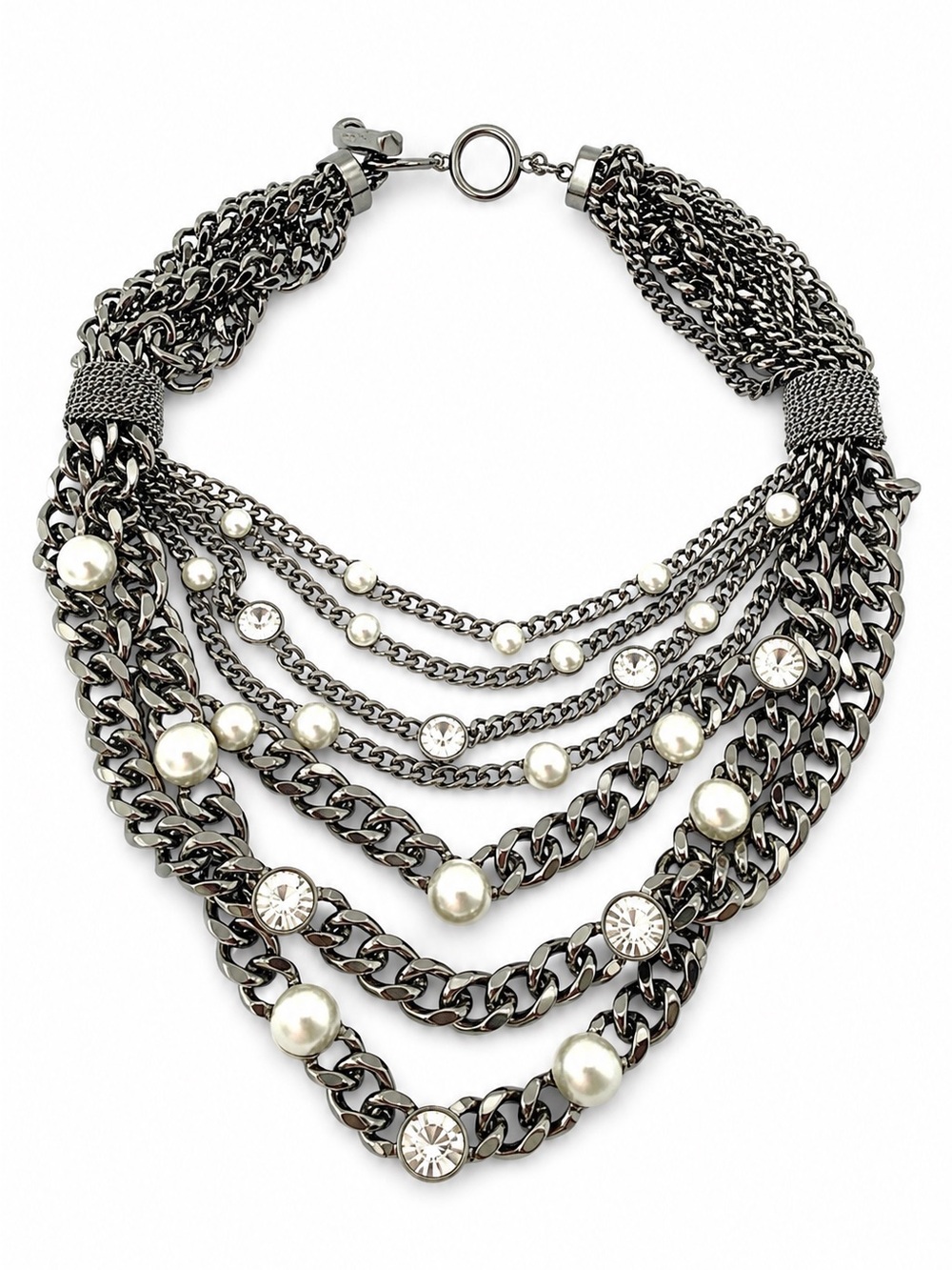 Givenchy Multi-Layer Gunmetal Chain & Faux Pearl Statement Necklace